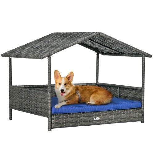 PawHut Outdoor Wicker Dog House with Canopy – Rattan Dog Bed with Water-Resistant Cushion for Small & Medium Dogs, Dark Blue