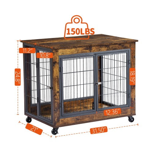 Furniture-Style Dog Crate Side Table – Rustic Brown Double-Door Pet Kennel with Wheels & Lift-Top Storage, 31.5” W x 22” D x 25” H