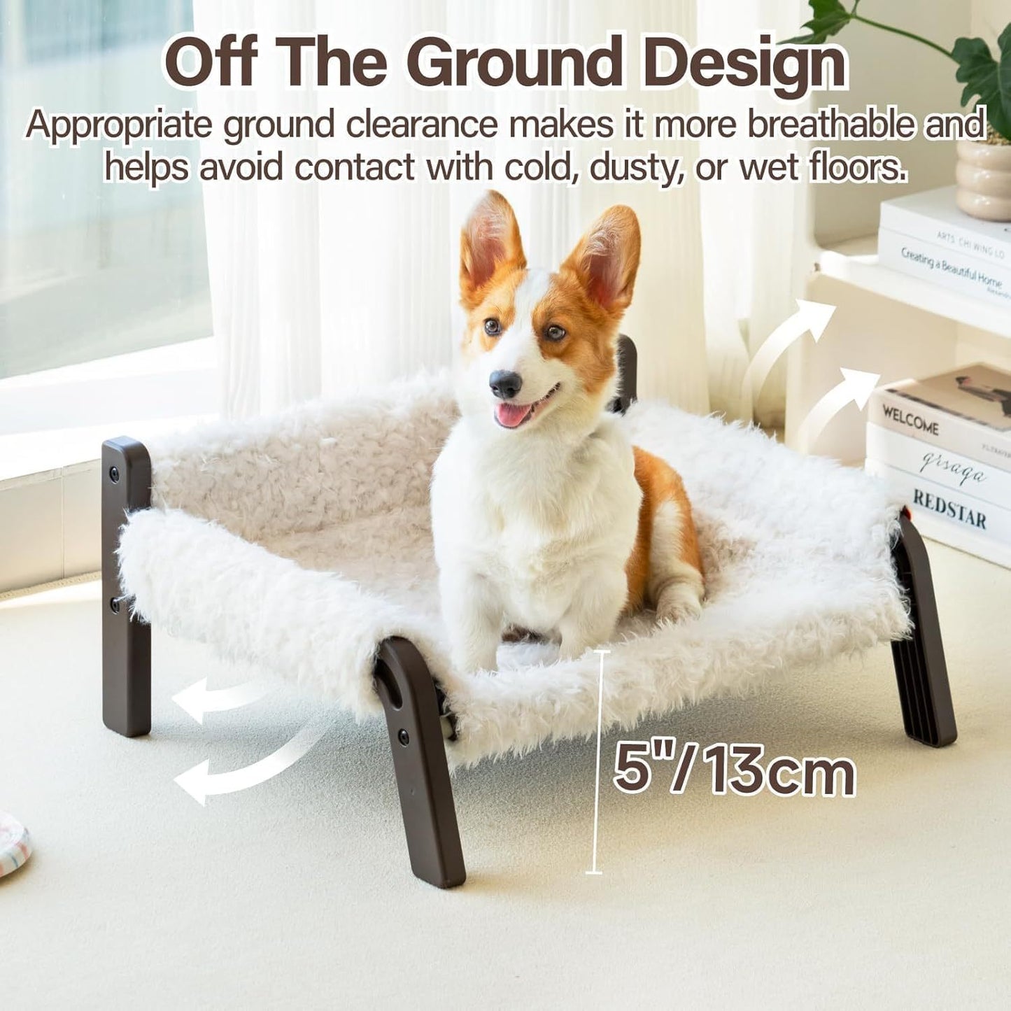 MEWOOFUN Raised Cat Bed for Indoor Cats – Elevated Plush Pet Sofa with Non-Slip Bottom, Washable Bed for Kittens, Puppies & Small Dogs (Supports 44 lbs, Beige/Brown)