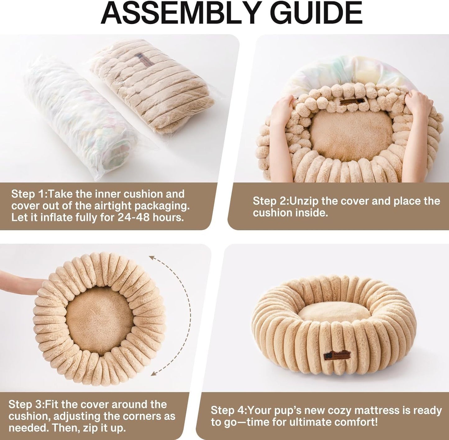 MEWOOFUN Donut Dog Bed for Medium Dogs – Calming Washable Pet Bed with Non-Slip Bottom, Supports Up to 45 lbs (Light Brown)