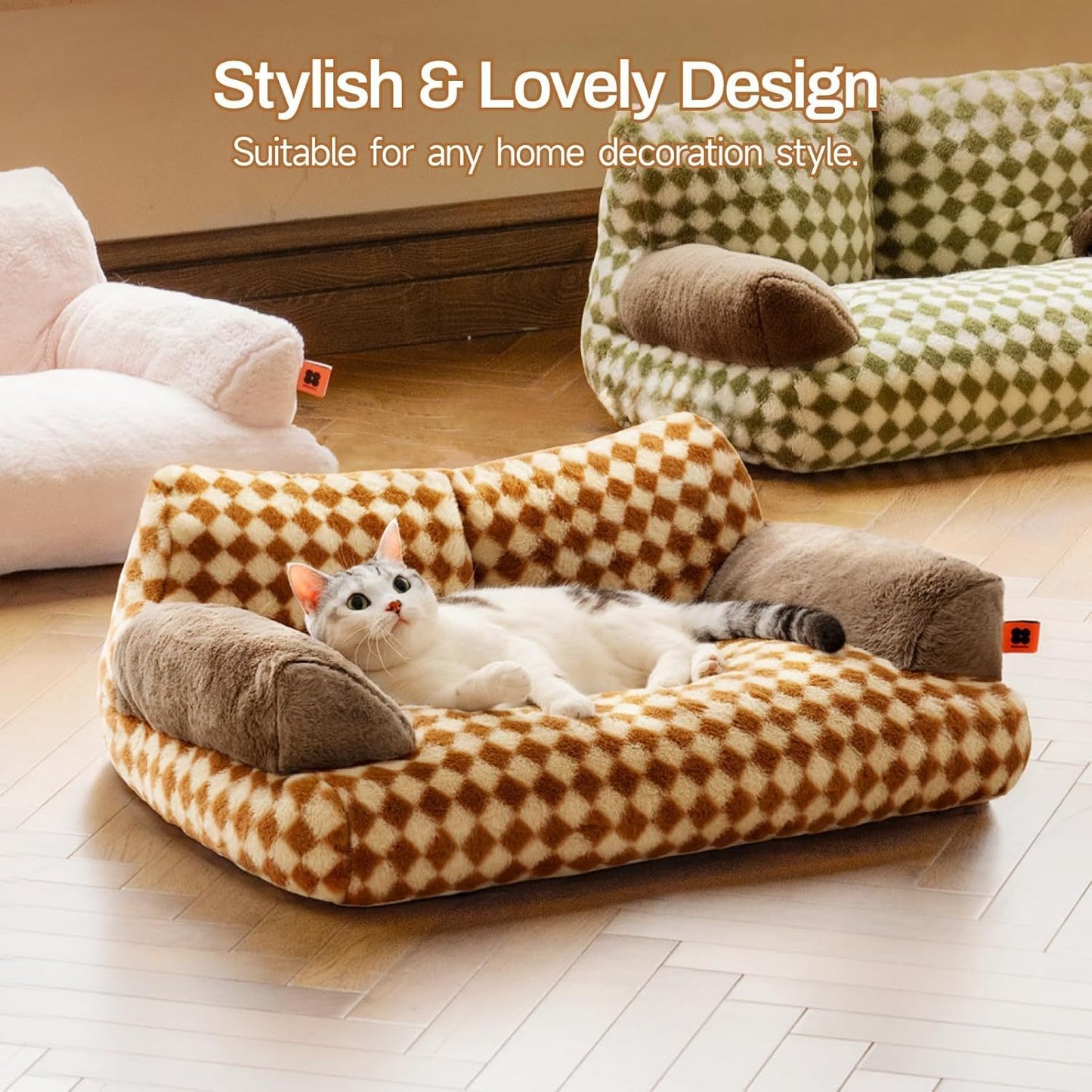 MEWOOFUN Fluffy Cat Bed for Indoor Use – 26x19x13” Washable Pet Couch with Non-Slip Bottom for Small & Medium Dogs & Cats (Brown)