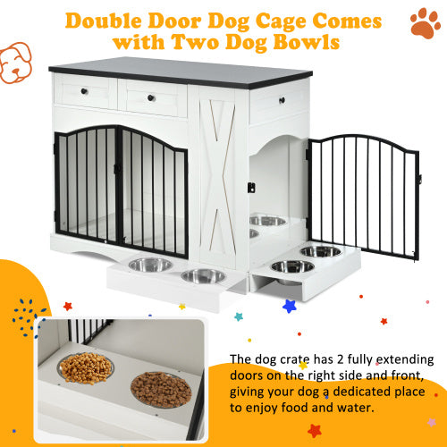 GO 43.3” Farmhouse Dog Crate Furniture – Heavy-Duty Indoor Wooden Dog Kennel with 3 Drawers, Removable Feeder & End Table Design for Medium & Large Dogs (White)
