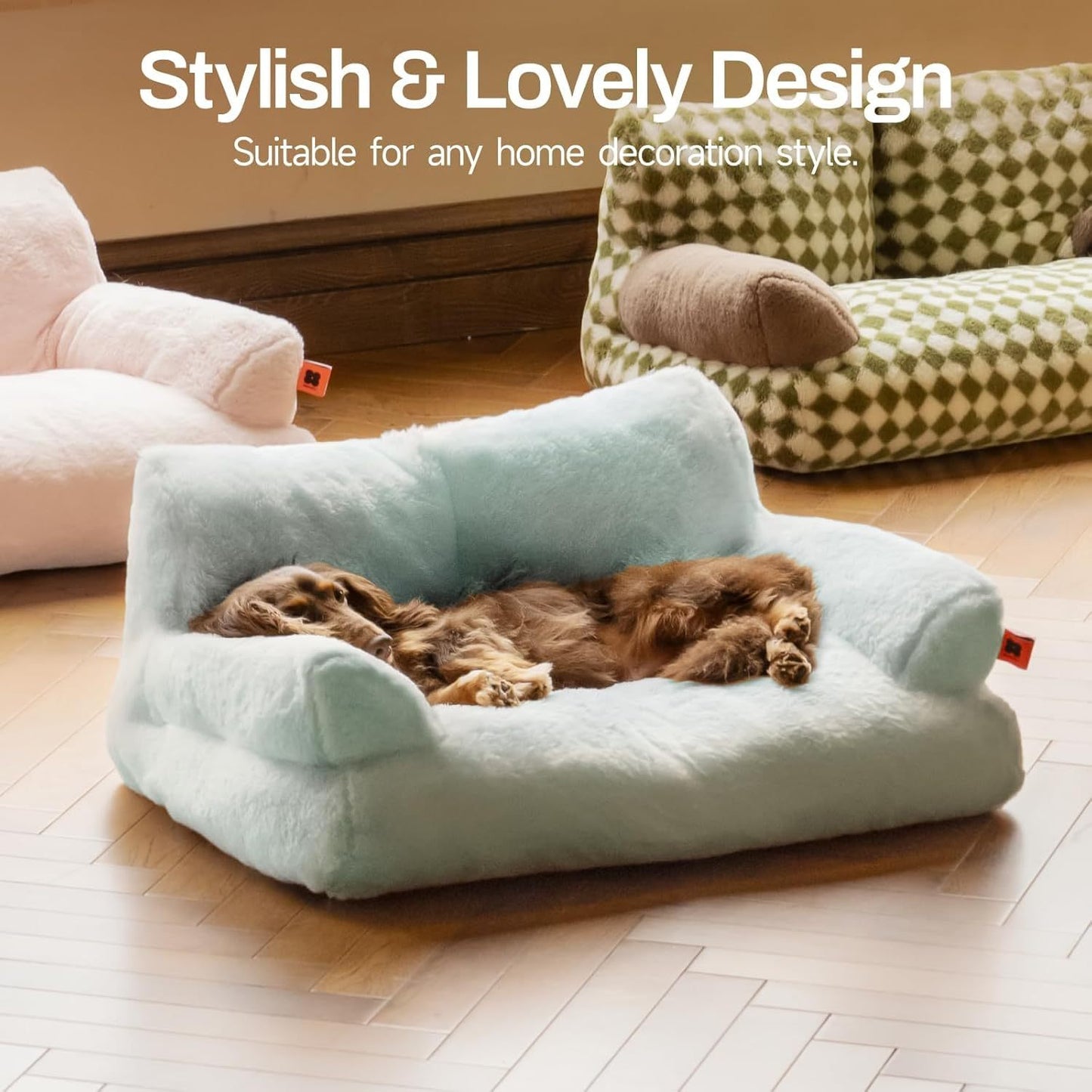 MEWOOFUN Plush Cat & Dog Bed – 26x19x13” Washable Fluffy Pet Couch with Non-Slip Bottom for Indoor Puppies & Kittens (Blue)
