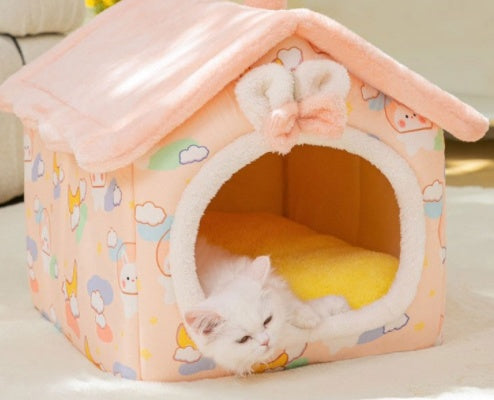 Foldable Dog & Cat House Bed – Warm Enclosed Pet Cave with Removable Cushion for Winter, Soft Sofa Kennel for Small Pets