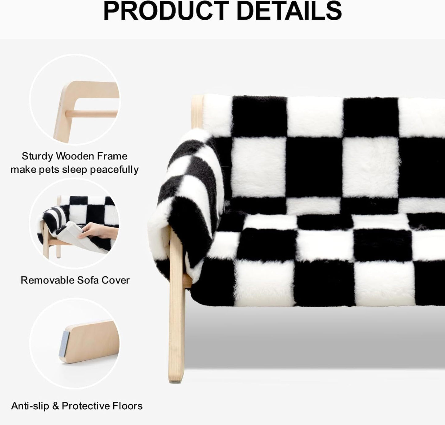MEWOOFUN Raised Cat Bed with Wooden Legs – Soft Checkerboard Sofa for Indoor Cats & Kittens, Holds Up to 15kg, 56x45cm with Removable Washable Cover