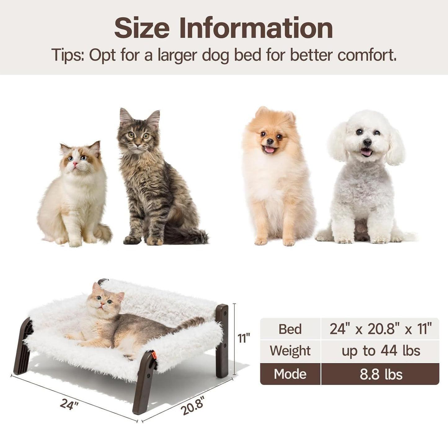 MEWOOFUN Raised Cat Bed for Indoor Cats – Elevated Plush Pet Sofa with Non-Slip Bottom, Washable Bed for Kittens, Puppies & Small Dogs (Supports 44 lbs, Beige/Brown)