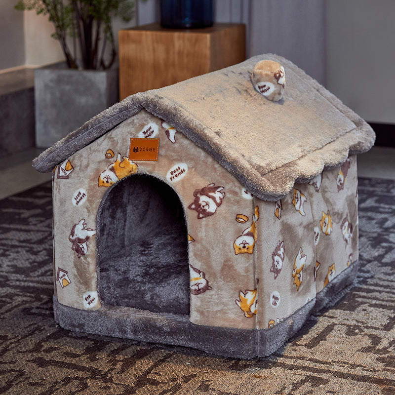 Foldable Dog & Cat House Bed – Warm Enclosed Pet Cave with Removable Cushion for Winter, Soft Sofa Kennel for Small Pets