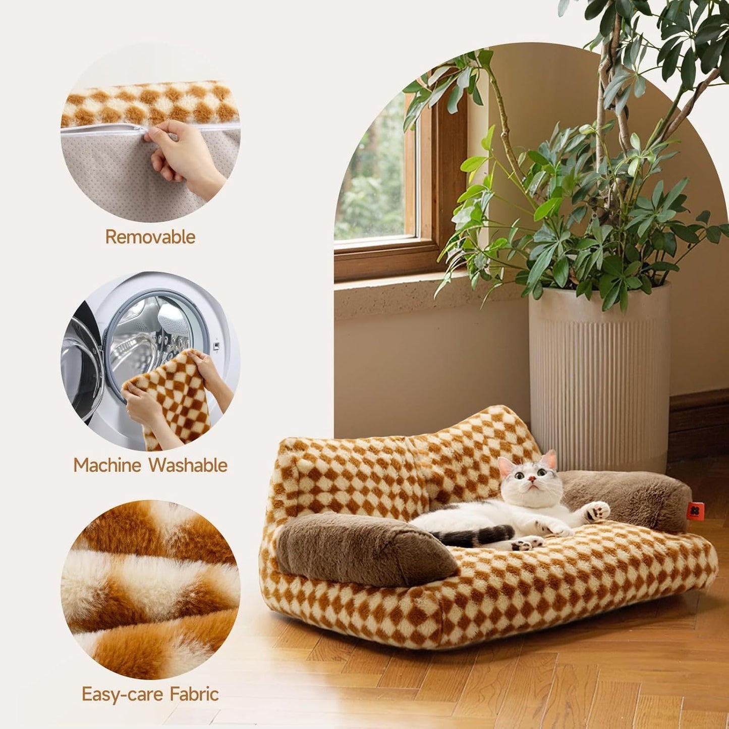 MEWOOFUN Fluffy Cat Bed for Indoor Use – 26x19x13” Washable Pet Couch with Non-Slip Bottom for Small & Medium Dogs & Cats (Brown)