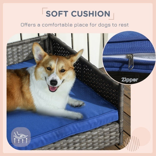 PawHut Outdoor Wicker Dog House with Canopy – Rattan Dog Bed with Water-Resistant Cushion for Small & Medium Dogs, Dark Blue