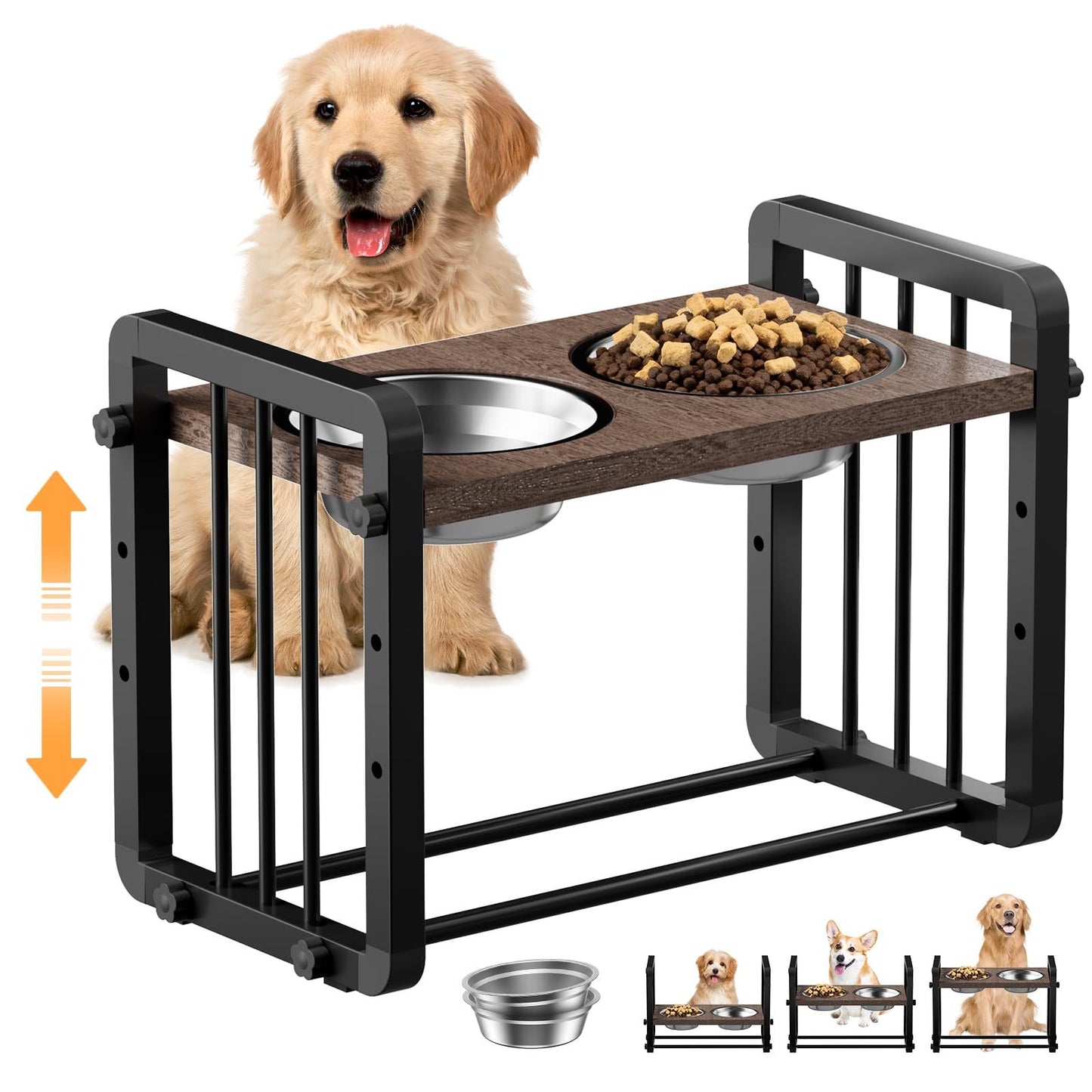 Adjustable Elevated Dog Bowls with H-Shaped Iron Stand – Raised Double Bowl Feeder for Large Dogs, Reduces Neck Strain & Aids Digestion