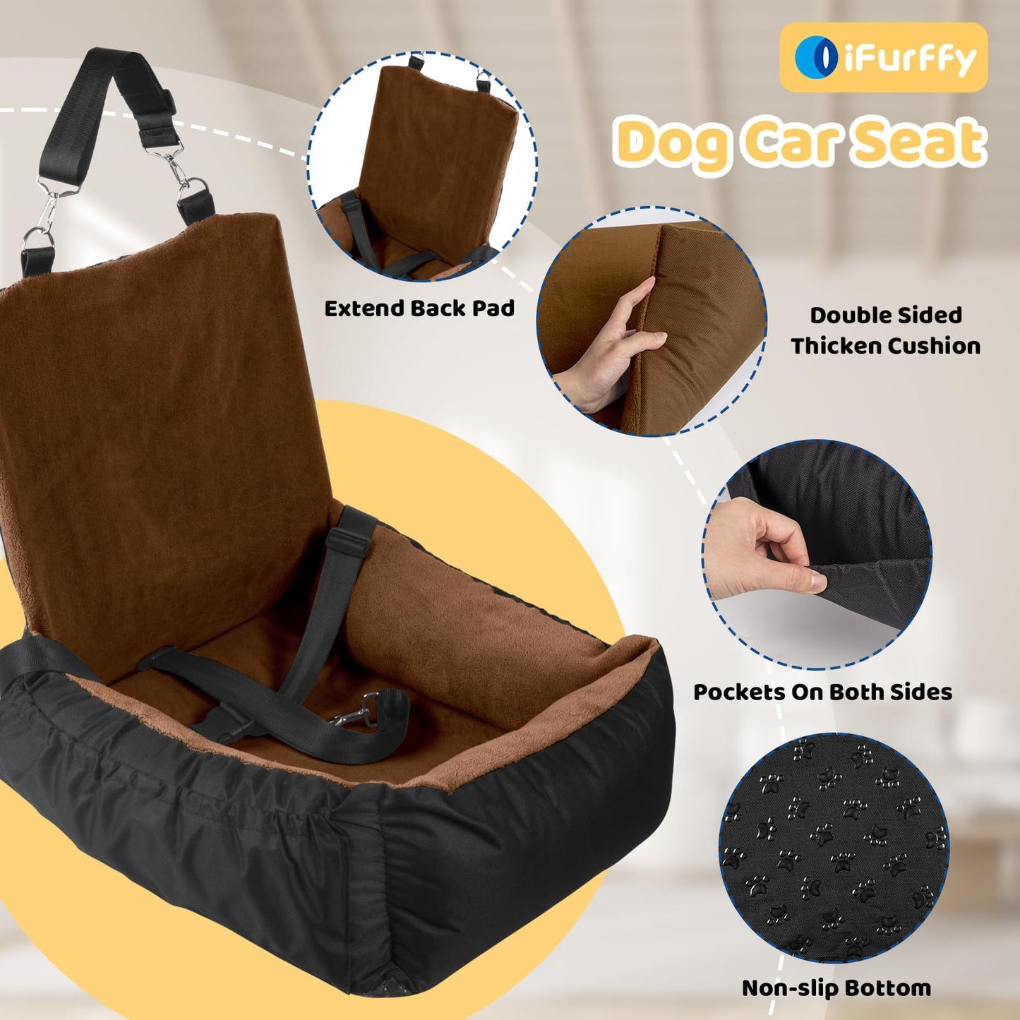 Brown Pet Car Seat for Dogs – Secure Single Booster Seat with Safety Straps & Washable Cushion for Travel Comfort