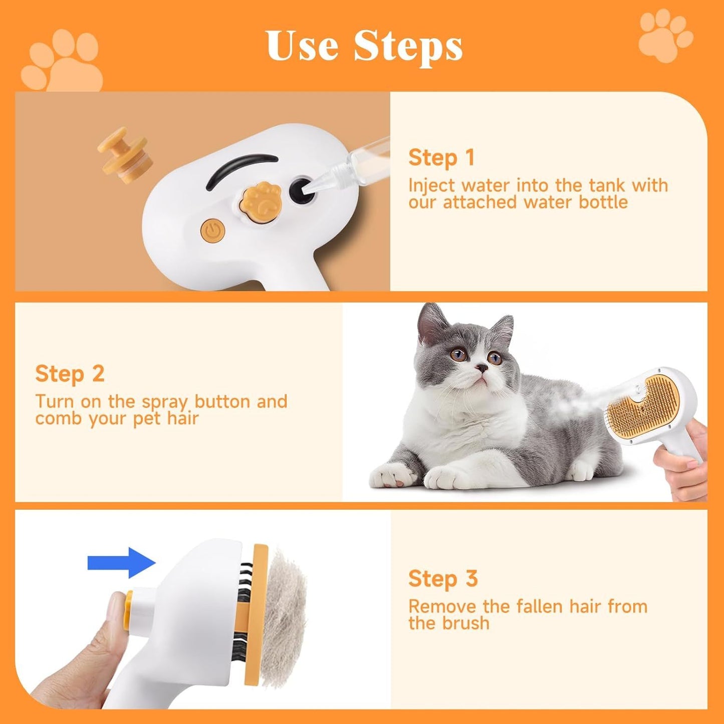 3-in-1 Pet Steam Brush – Waterless Shampoo Spray, Hair Removal Comb & Ear Cleaning Towel for Dogs & Cats