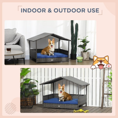 PawHut Outdoor Wicker Dog House with Canopy – Rattan Dog Bed with Water-Resistant Cushion for Small & Medium Dogs, Dark Blue