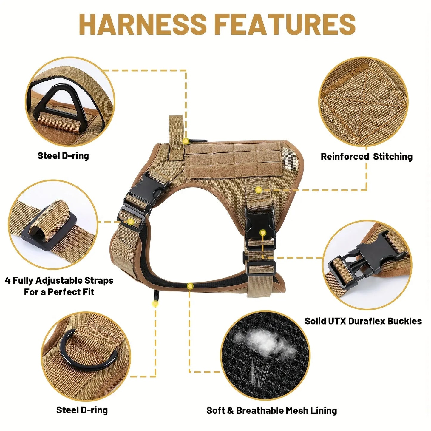 Adjustable Tactical Dog Harness – Reflective, Heavy-Duty Vest with Metal Buckle for Hiking, Service & Training (All Sizes)