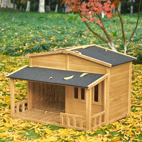 GO 47.2” Wooden Dog House with Porch – Weatherproof Indoor & Outdoor Pet Kennel Crate for Medium Dogs, Solid Wood Design (Natural Finish)