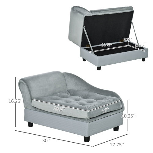 Luxury Small Dog Bed with Hidden Storage – Grey Upholstered Pet Sofa with Built-In Compartment for Toys & Accessories