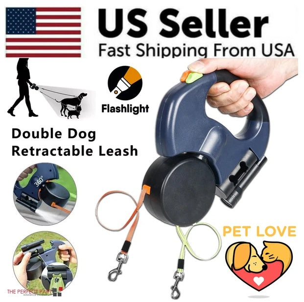 Dual Retractable Dog Leash – Reflective Double Pet Lead with 360° Swivel, Tangle-Free Design for Walking Two Dogs