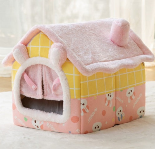 Foldable Dog & Cat House Bed – Warm Enclosed Pet Cave with Removable Cushion for Winter, Soft Sofa Kennel for Small Pets