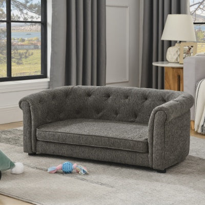 Modern Pet Sofa with Arc Backrest – Rectangular Dog & Cat Couch with Armrests, Breathable Linen & Soft Cushion for Comfort