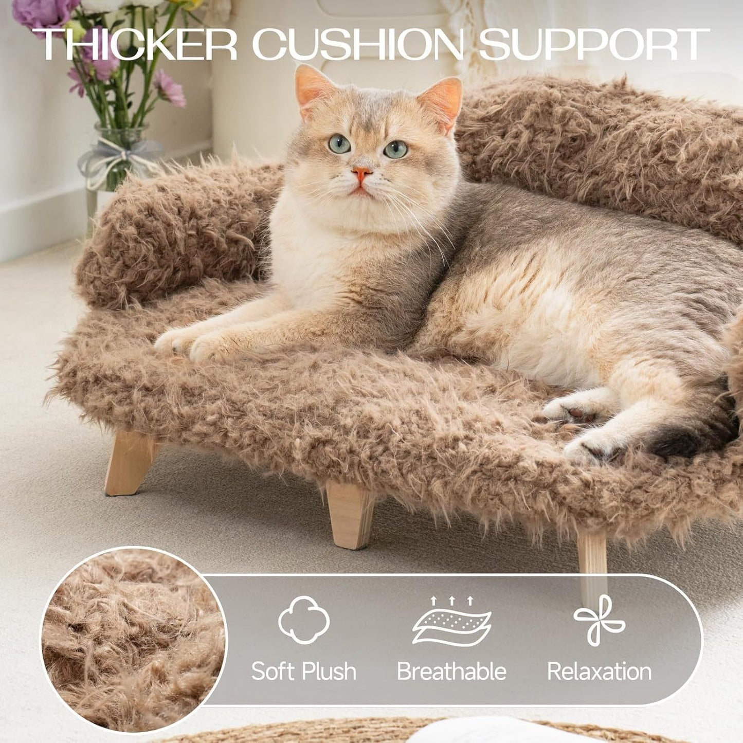 MEWOOFUN Elevated Cat Bed with Washable Cover – 26x18.3x8.5” Modern Wooden Pet Sofa for Cats & Small to Medium Dogs (Brown)
