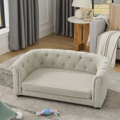 Modern Pet Sofa with Arc Backrest – Rectangular Dog & Cat Couch with Armrests, Breathable Linen & Soft Cushion for Comfort
