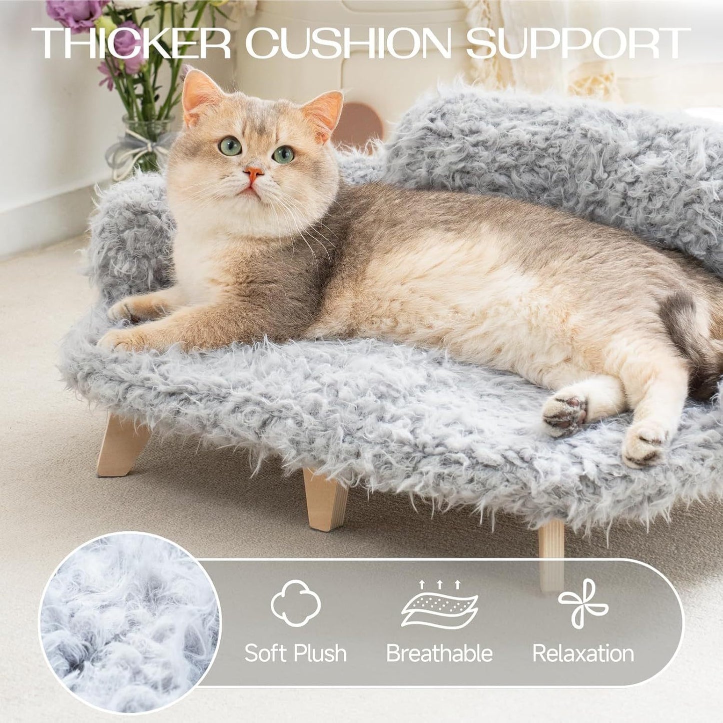 MEWOOFUN Elevated Cat Bed with Washable Cover – 26x18.3x8.5” Modern Wooden Pet Sofa for Cats & Small to Medium Dogs (Grey)