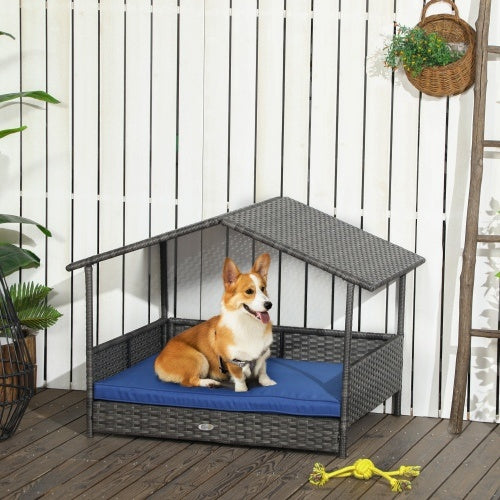 PawHut Outdoor Wicker Dog House with Canopy – Rattan Dog Bed with Water-Resistant Cushion for Small & Medium Dogs, Dark Blue