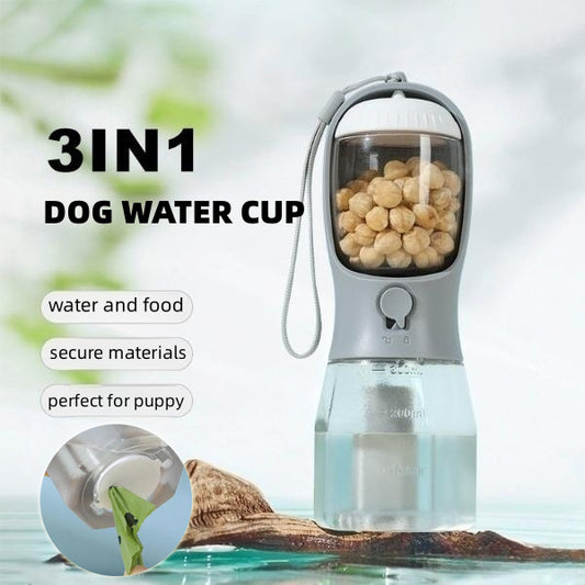 3-in-1 Portable Dog Water Bottle – Pet Travel Cup with Food Container & Waste Bag Dispenser for Small Dogs & Outdoor Walks