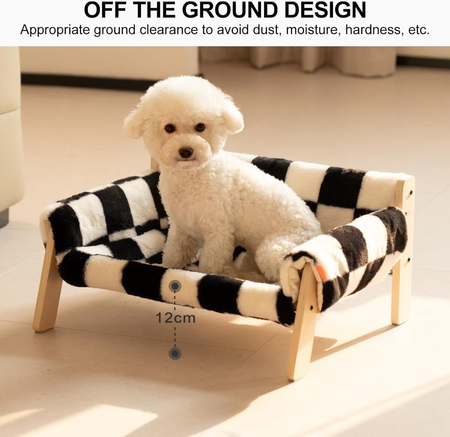 MEWOOFUN Raised Cat Bed with Wooden Legs – Soft Checkerboard Sofa for Indoor Cats & Kittens, Holds Up to 15kg, 56x45cm with Removable Washable Cover
