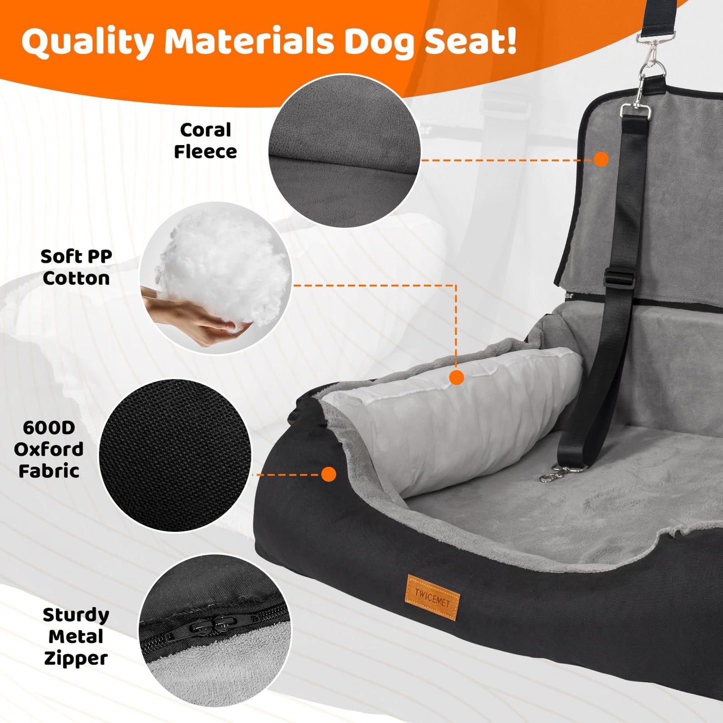 Coral Fleece Dog Booster Seat – Pet Travel Bed with Storage Pocket & Clip-On Leash for Large Dogs (Up to 70 lbs) or 2 Small/Medium Pets