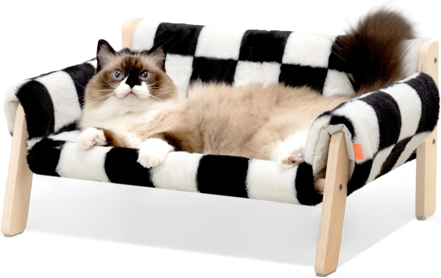 MEWOOFUN Raised Cat Bed with Wooden Legs – Soft Checkerboard Sofa for Indoor Cats & Kittens, Holds Up to 15kg, 56x45cm with Removable Washable Cover