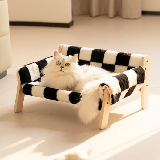 MEWOOFUN Raised Cat Bed with Wooden Legs – Soft Checkerboard Sofa for Indoor Cats & Kittens, Holds Up to 15kg, 56x45cm with Removable Washable Cover