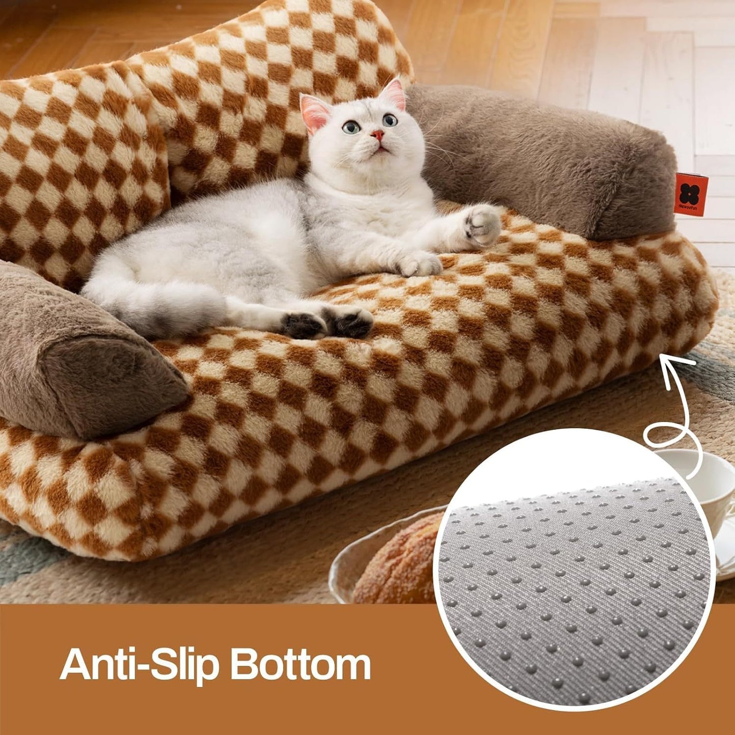 MEWOOFUN Fluffy Cat Bed for Indoor Use – 26x19x13” Washable Pet Couch with Non-Slip Bottom for Small & Medium Dogs & Cats (Brown)