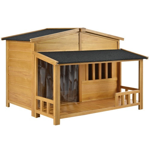 GO 47.2” Wooden Dog House with Porch – Weatherproof Indoor & Outdoor Pet Kennel Crate for Medium Dogs, Solid Wood Design (Natural Finish)