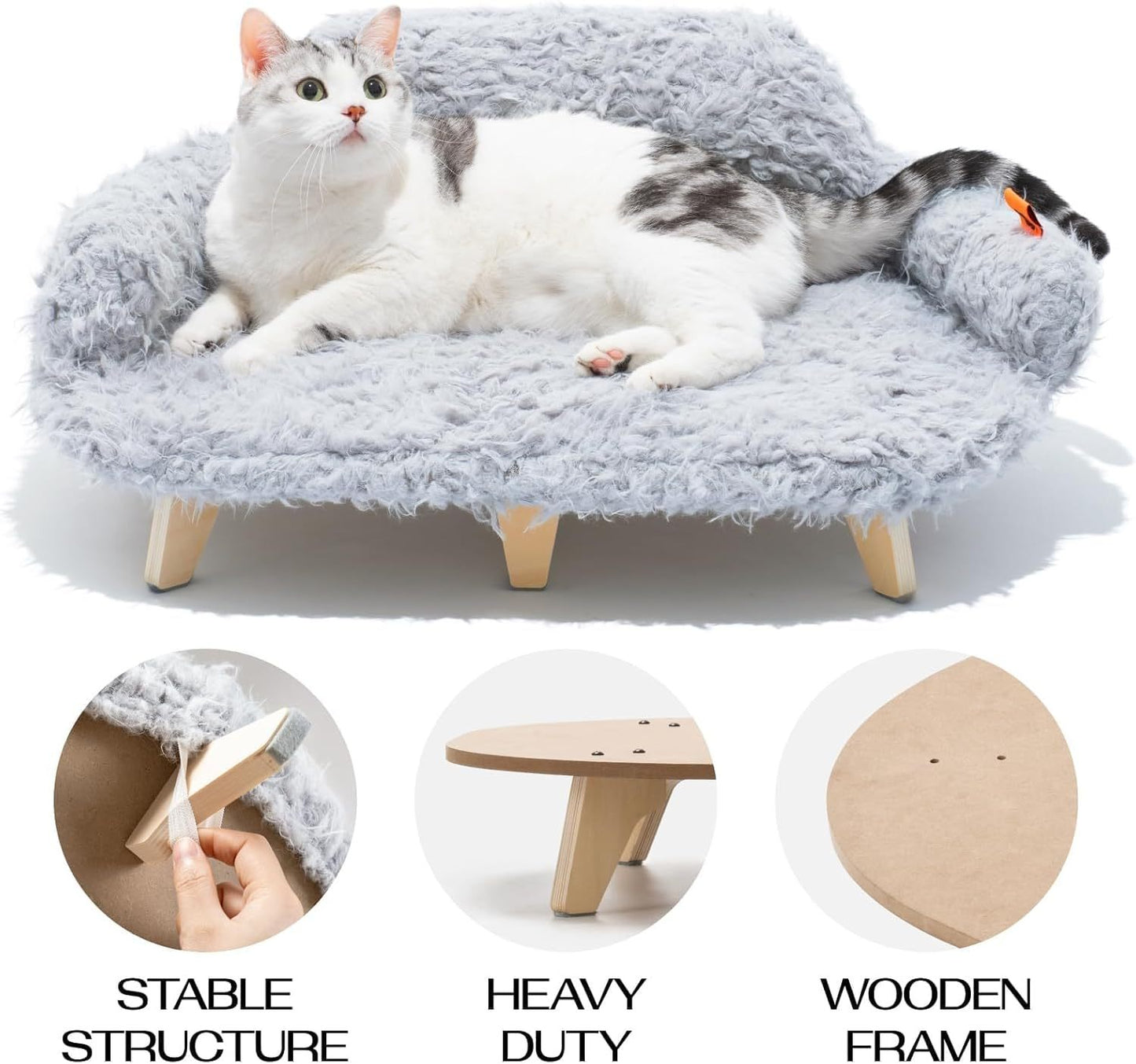 MEWOOFUN Elevated Cat Bed with Washable Cover – 26x18.3x8.5” Modern Wooden Pet Sofa for Cats & Small to Medium Dogs (Grey)