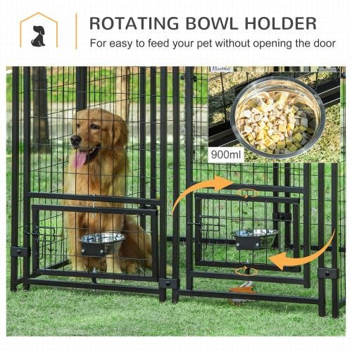 Outdoor Dog Kennel with Rotating Bowl Rack – Walk-In Welded Wire Pet Playpen with UV-Resistant Waterproof Awning
