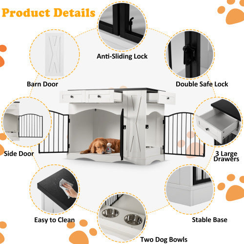 GO 43.3” Farmhouse Dog Crate Furniture – Heavy-Duty Indoor Wooden Dog Kennel with 3 Drawers, Removable Feeder & End Table Design for Medium & Large Dogs (White)