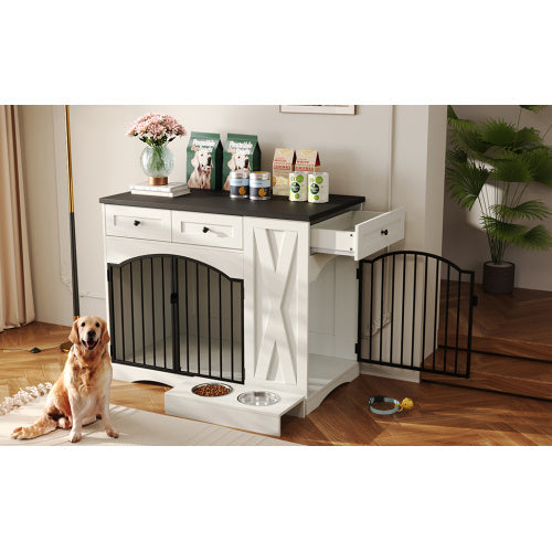 GO 43.3” Farmhouse Dog Crate Furniture – Heavy-Duty Indoor Wooden Dog Kennel with 3 Drawers, Removable Feeder & End Table Design for Medium & Large Dogs (White)