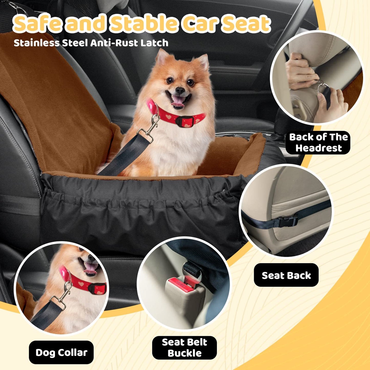 Brown Pet Car Seat for Dogs – Secure Single Booster Seat with Safety Straps & Washable Cushion for Travel Comfort