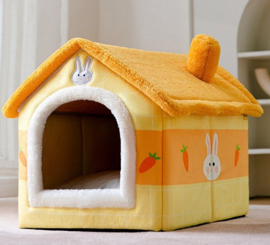 Foldable Dog & Cat House Bed – Warm Enclosed Pet Cave with Removable Cushion for Winter, Soft Sofa Kennel for Small Pets