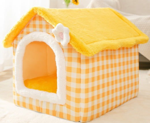 Foldable Dog & Cat House Bed – Warm Enclosed Pet Cave with Removable Cushion for Winter, Soft Sofa Kennel for Small Pets