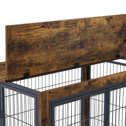 Furniture-Style Dog Crate Side Table – Rustic Brown Double-Door Pet Kennel with Wheels & Lift-Top Storage, 31.5” W x 22” D x 25” H