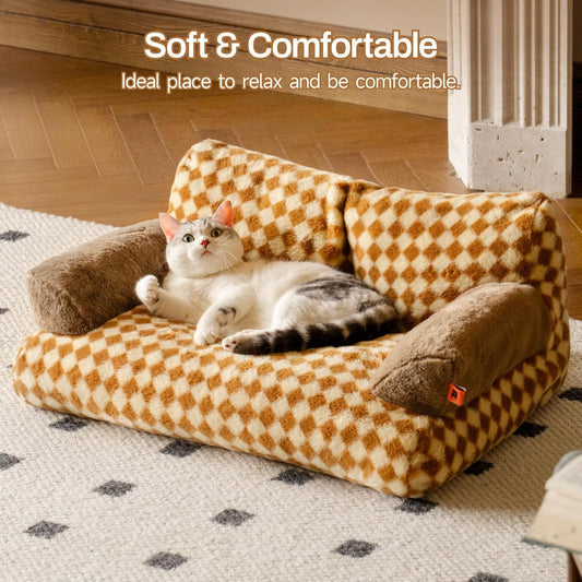 MEWOOFUN Fluffy Cat Bed for Indoor Use – 26x19x13” Washable Pet Couch with Non-Slip Bottom for Small & Medium Dogs & Cats (Brown)
