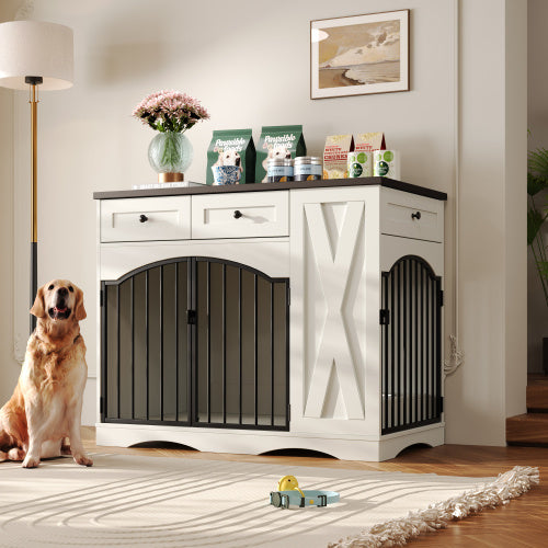 GO 43.3” Farmhouse Dog Crate Furniture – Heavy-Duty Indoor Wooden Dog Kennel with 3 Drawers, Removable Feeder & End Table Design for Medium & Large Dogs (White)
