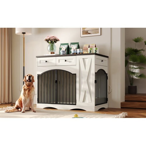 GO 43.3” Farmhouse Dog Crate Furniture – Heavy-Duty Indoor Wooden Dog Kennel with 3 Drawers, Removable Feeder & End Table Design for Medium & Large Dogs (White)
