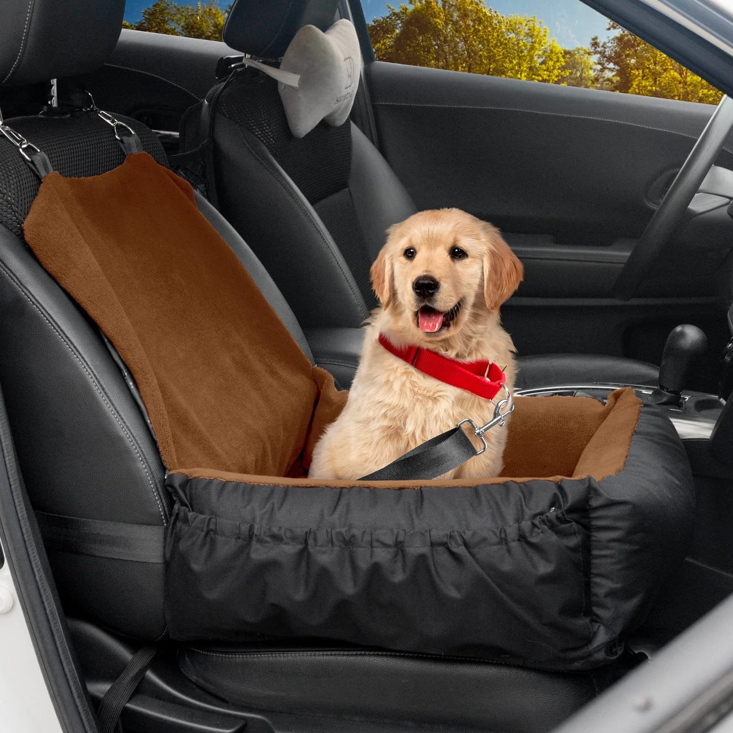 Brown Pet Car Seat for Dogs – Secure Single Booster Seat with Safety Straps & Washable Cushion for Travel Comfort