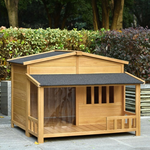 GO 47.2 Wooden Dog House, Outdoor & Indoor Dog Crate, Pet Kennel With Porch, Solid Wood, Weatherproof, Medium, Nature