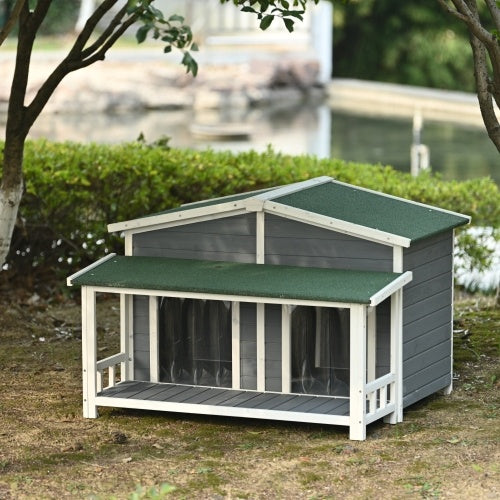 GO 47.2” Large Wooden Dog House – Cabin-Style Outdoor & Indoor Pet Crate with Porch, 2 Doors, Weatherproof Design (Gray & Green)