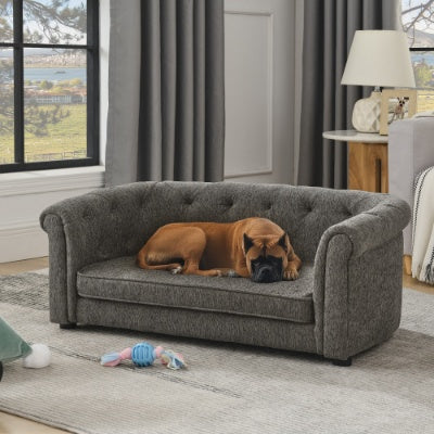 Modern Pet Sofa with Arc Backrest – Rectangular Dog & Cat Couch with Armrests, Breathable Linen & Soft Cushion for Comfort