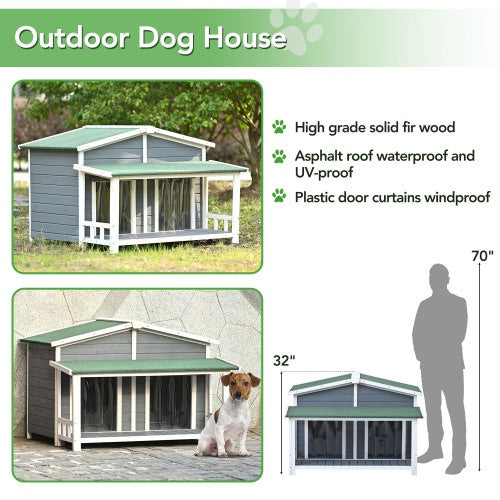GO 47.2” Large Wooden Dog House – Cabin-Style Outdoor & Indoor Pet Crate with Porch, 2 Doors, Weatherproof Design (Gray & Green)